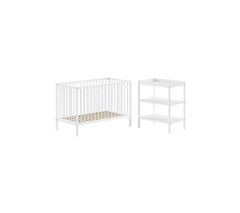 Ensemble Lit Bébé Evolutif + Table à Langer En Hêtre Massif Laqué Blanc - Eliott