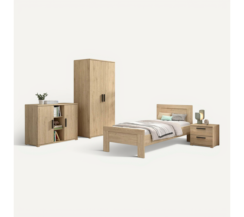 Marco - Chambre Enfant Complète Lit 90x200cm Chevet Armoire 2p Et Commode Aspect Chêne