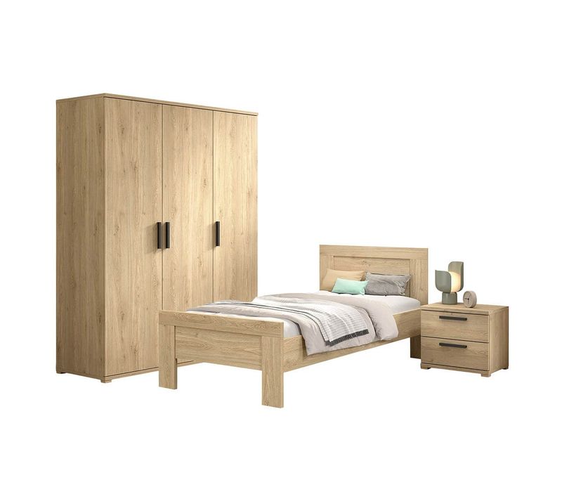 Chambre Enfant Lit 90x200cm + Chevet + Armoire 3 Portes Aspect Chêne Clair - Marco