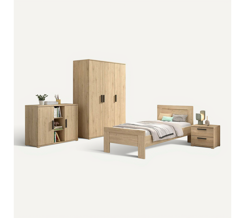 Marco - Chambre Enfant Complète Lit 90x200cm Chevet Armoire 3p Et Commode Aspect Chêne
