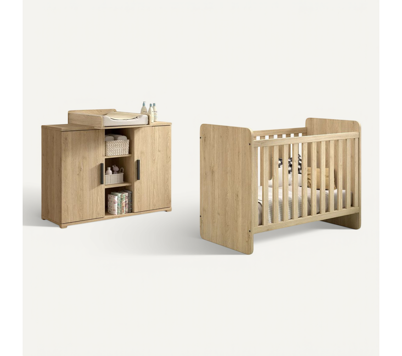Marco - Chambre Bébé Lit 60x120cm + Meuble à Langer Aspect Chêne Clair