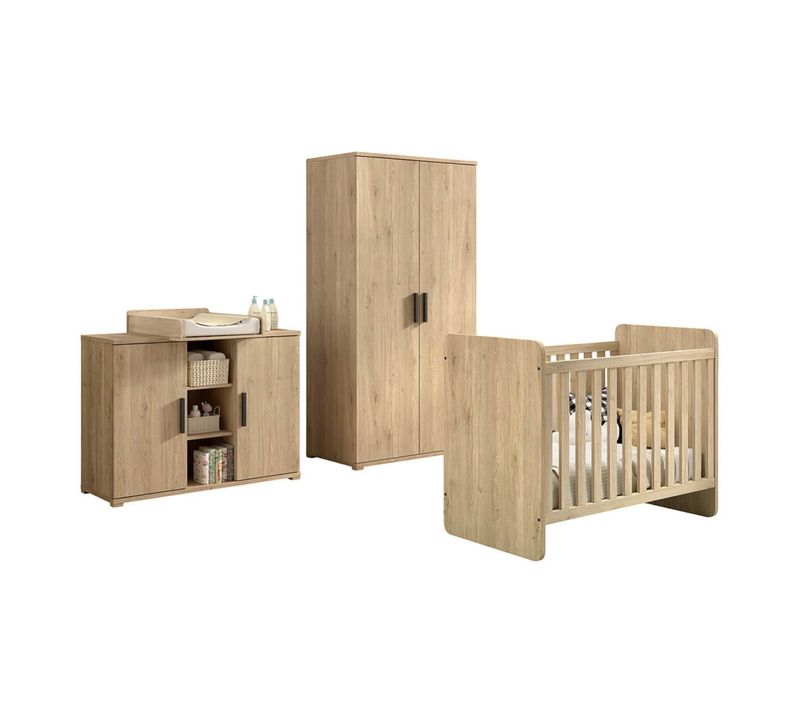 Chambre Bébé Lit 60x120cm + Meuble à Langer + Armoire 2p Aspect Chêne Clair - Marco