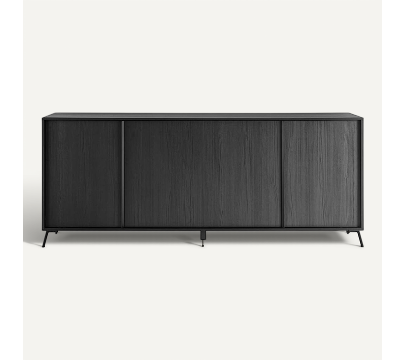 Kansas Black - Buffet 4 Portes Aspect Chêne Noir Pieds Métal Noir