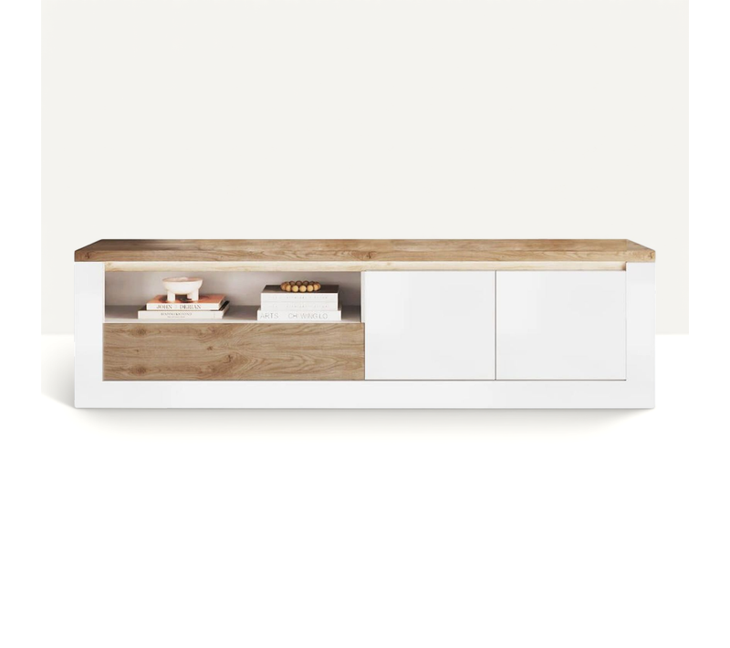 Meuble TV 2 Portes  Blanc Et Aspect Chêne Finition Cadiz Avec LED - Isalia