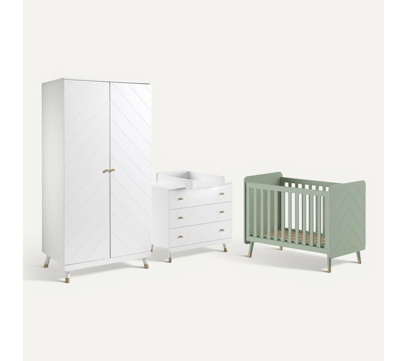 Chambre Avec Lit Bébé Vert + Table à Langer + Armoire 2 Portes - Tiny White