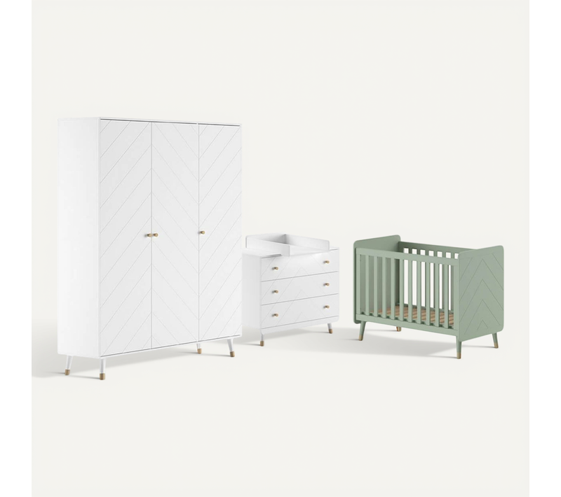 Chambre Avec Lit Bébé Vert + Table à Langer + Armoire 3 Portes - Tiny White