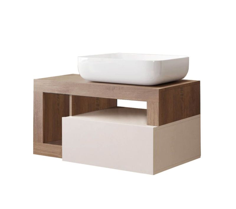 Meuble Vasque 78cm Suspendu 1 Tiroirs Beige Laqué Et Aspect Bois Finition Mercure - Arturo