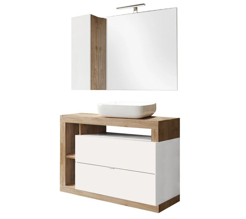 Meuble Vasque 110cm + Miroir Blanc Et Aspect Bois Finition Cadiz - Arturo