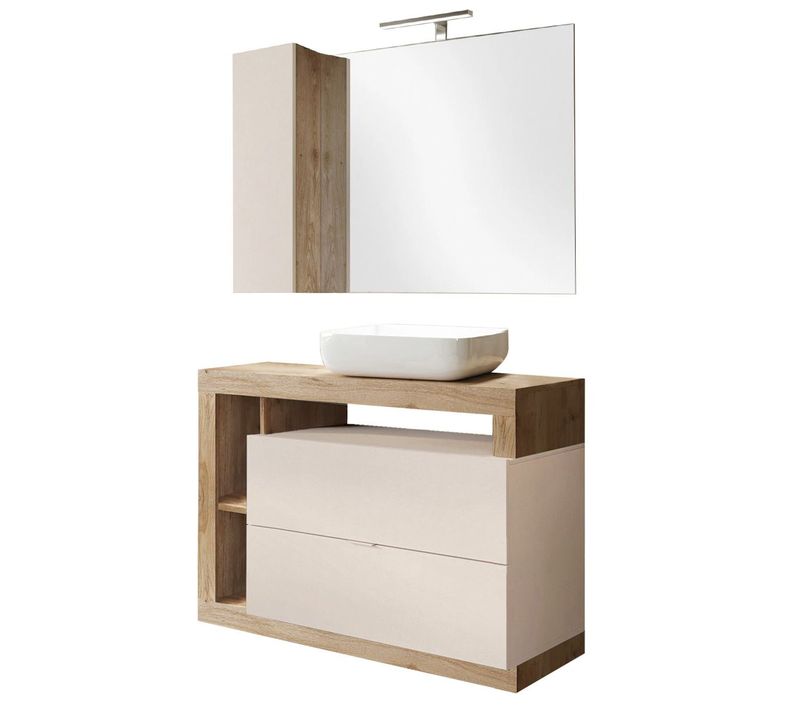 Meuble Vasque 110cm + Miroir Beige Et Aspect Bois Finition Cadiz - Arturo