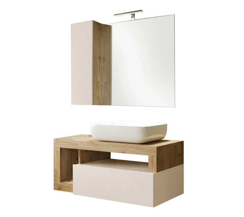 Meuble Vasque 92cm Suspendu + Miroir Beige Et Aspect Bois Finition Cadiz - Arturo