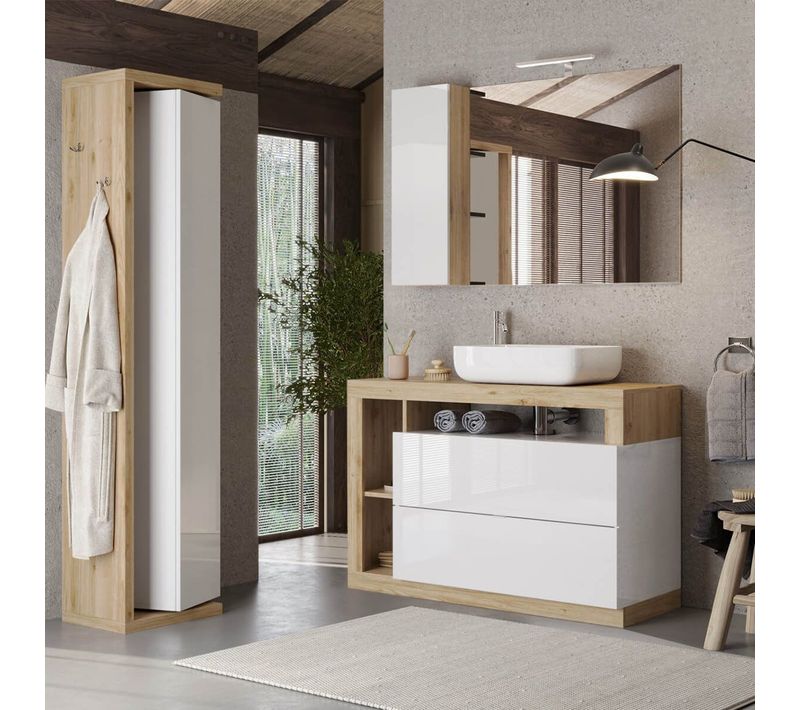 Ensemble Meuble Vasque 110cm + Colonne Pivotante Blanc Et Aspect Bois Cadiz - Arturo