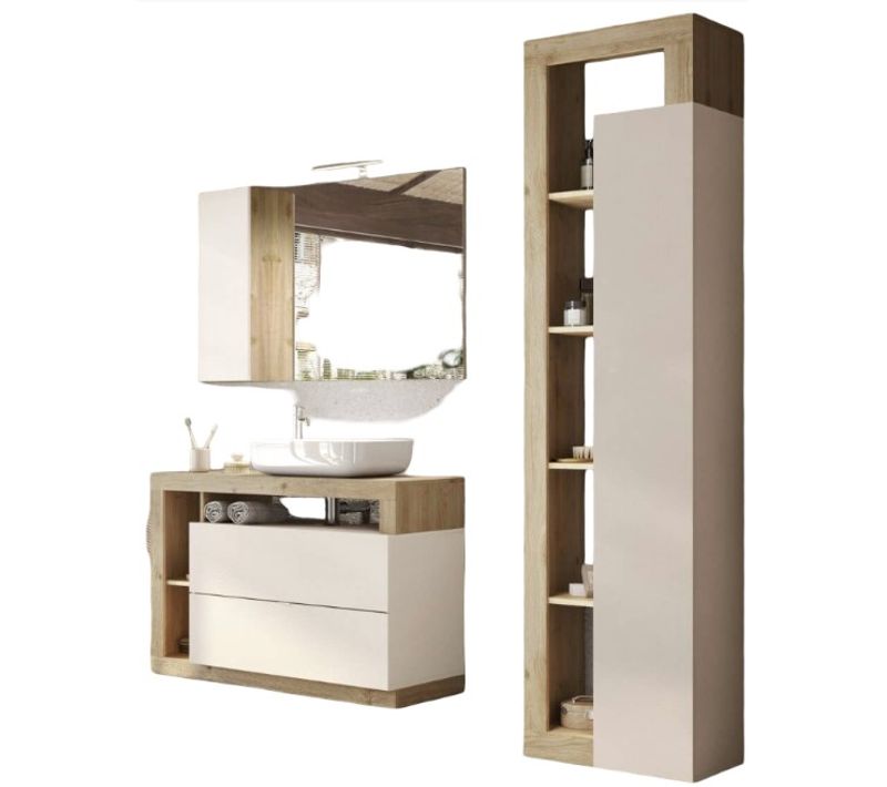 Ensemble Meuble Vasque 92cm + Colonne Beige Et Aspect Bois Cadiz - Arturo