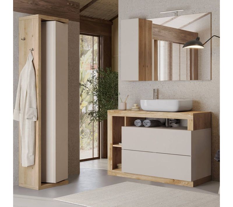 Ensemble Meuble Vasque 110cm + Colonne Pivotante Beige Et Aspect Bois Cadiz - Arturo