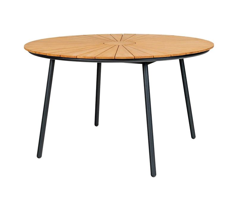 Table De Jardin Ronde 130cm Plateau En Lames De Teck Et Pieds Métal Noir - Karrige
