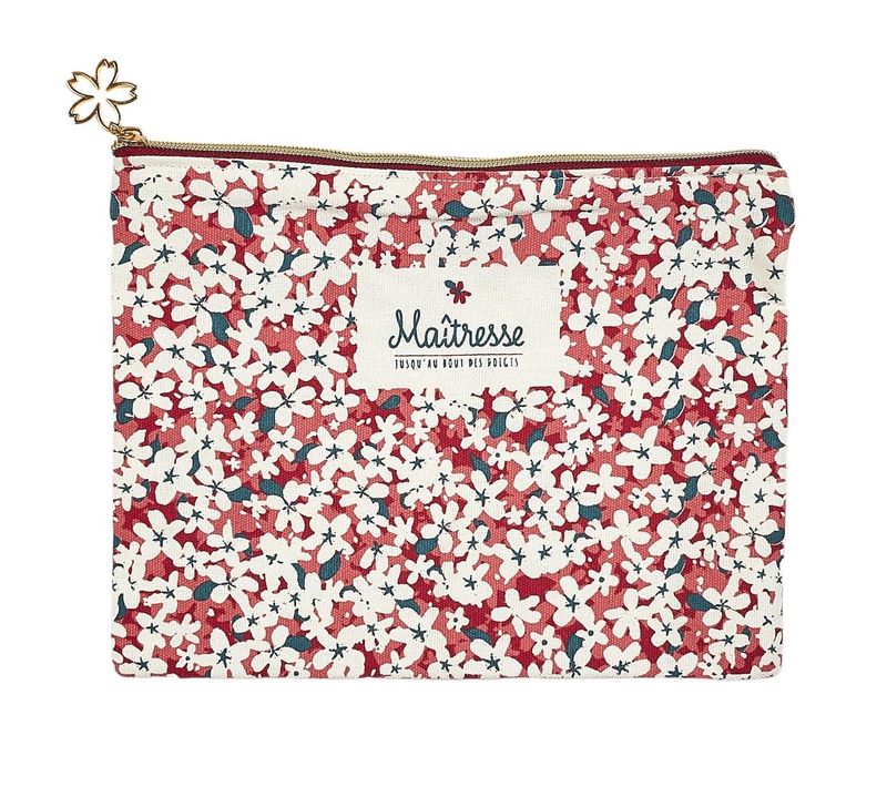 Trousse De Toilette Avec Message Rectangulaire 15x20cm En Coton Fleuri Rouge Et Blanc Avec Fermetur