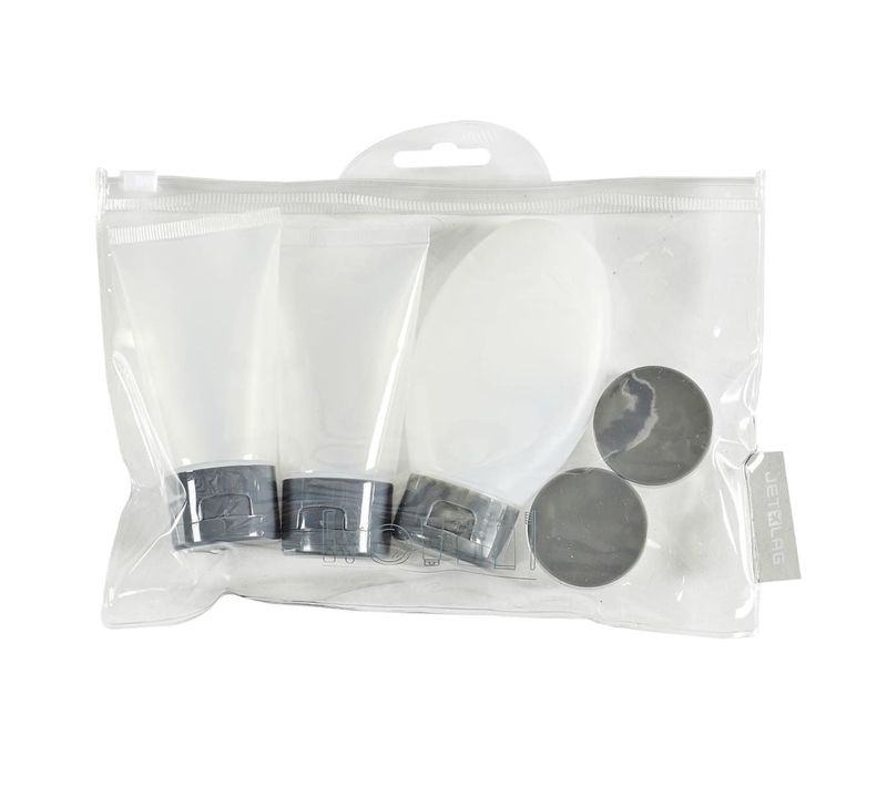 Kit De Voyage Avec 3 Flacons Et 2 Pots (12ml à 100ml) En Plastique Blanc  + Pochette Transparente -