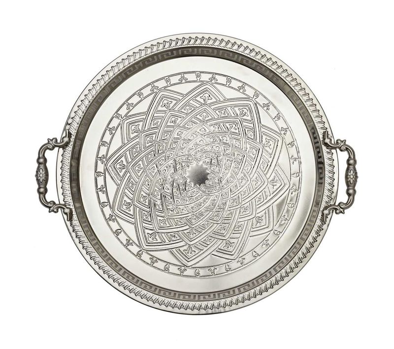 Plateau De Service En Métal Argenté Avec Poignées D.42cm - Armelle