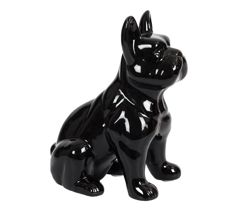 Statue Bulldog En Céramique Noir Brillant H20cm - Stoky