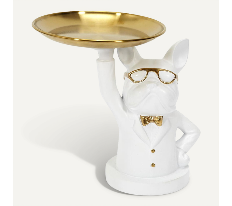 Vide-poche Bulldog Blanc Et Or Plateau En L'air - Mania