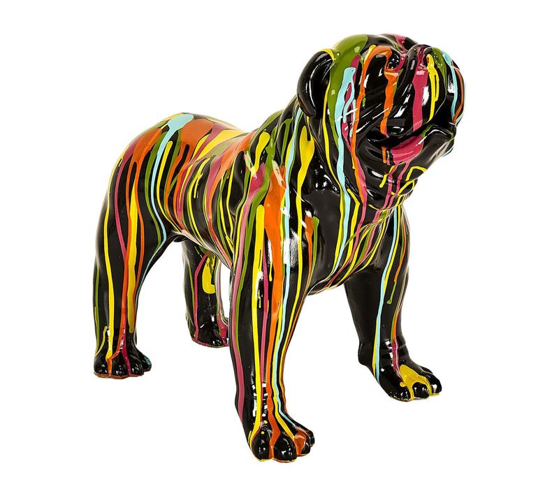 Statue Chien Molosse En Résine Noir Coulures Multicolores - Maros