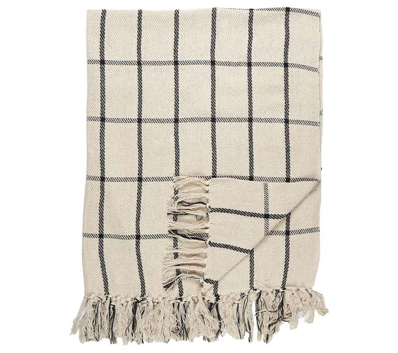 Plaid Jeté De Canapé 125x150cm Beige Imprimé Carreaux Noirs Avec Franges - Waikiki