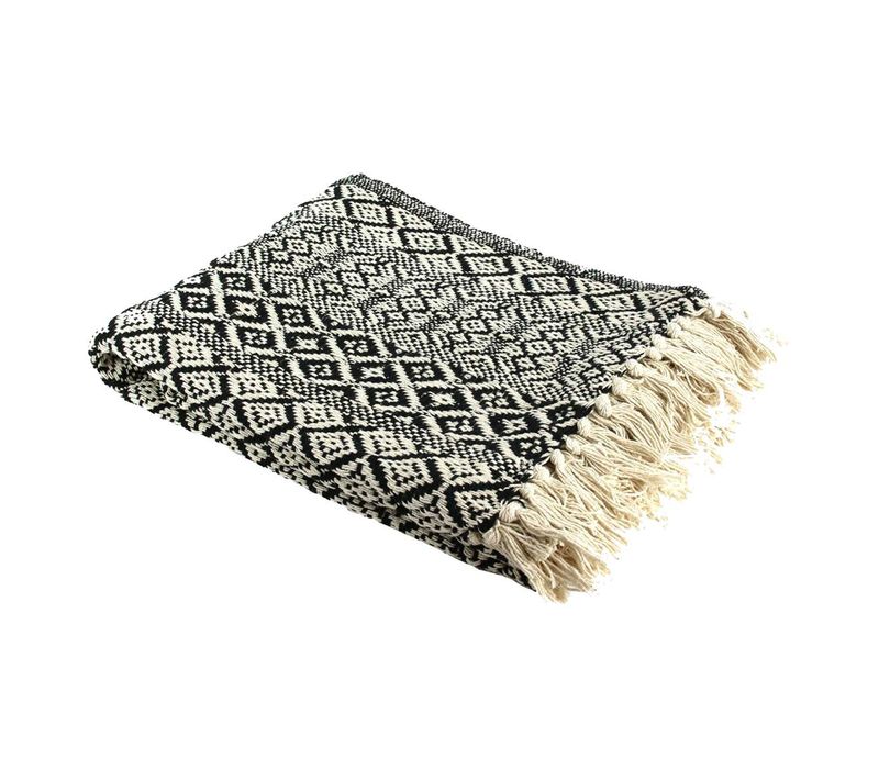 Plaid Jeté De Canapé 120x150cm Style Ethnique Noir Et Blanc Avec Franges - Rafy