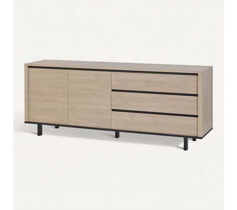 Buffet 2 Portes 3 Tiroirs Aspect Bois Finition Urban Oak - Bonnie