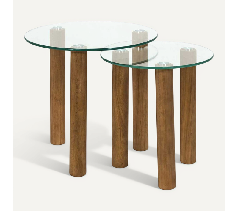 Lot De 2 Tables Basses Gigogne Rondes En Verre Trempé Pieds En Hévéa - Inaya