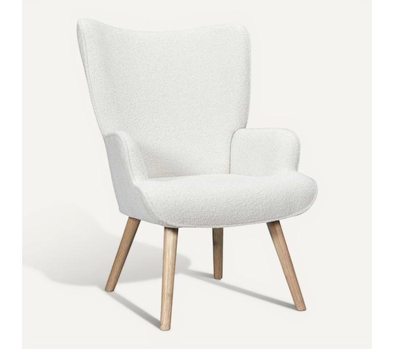 Fauteuil De Salon En Tissu Bouclette Blanc Pieds En Bois D'hévéa - Regina