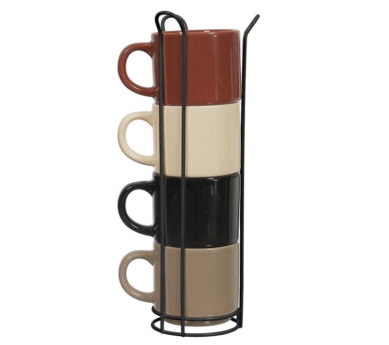 Set 4 Tasses Unies En Céramique (beige, Marron, Noir) Et Support En Fer Noir -