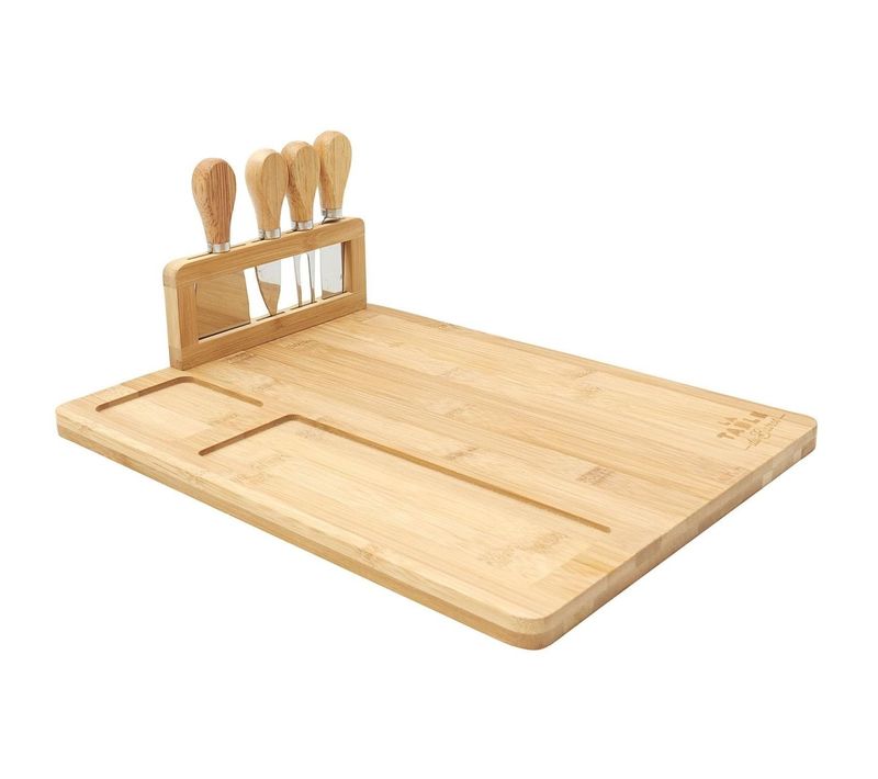 Planche à Fromage En Bambou 36x28cm Avec Son Support De 4 Couteaux Inclus -
