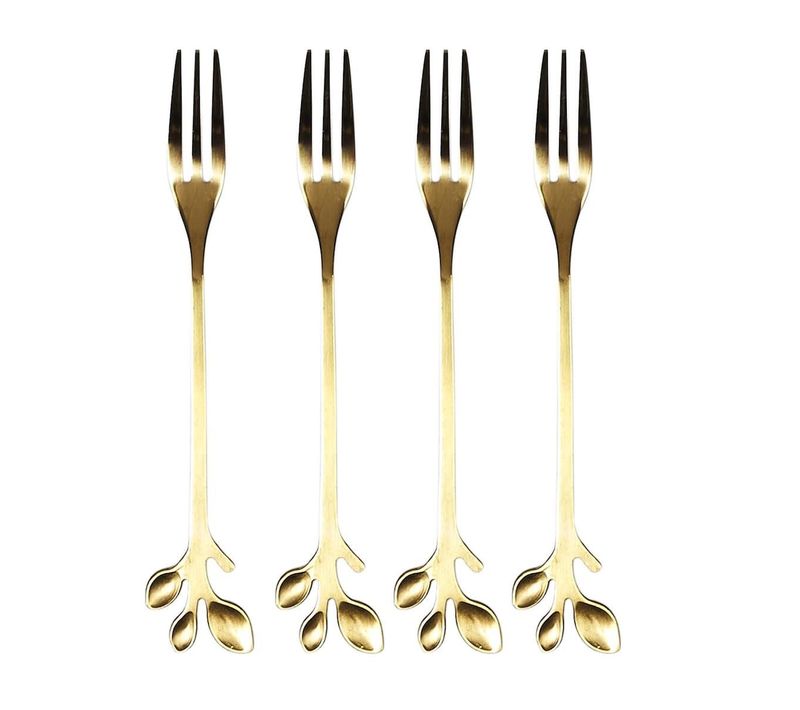 Set De 4 Fourchettes à Dessert Dorées En Acier Inoxydable Style Feuilles -