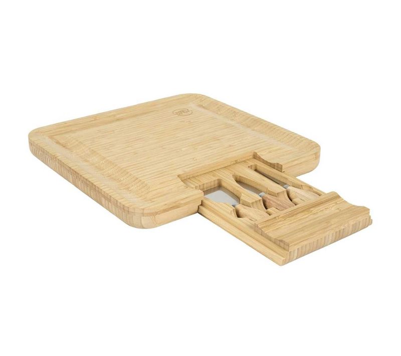 Planche Apéro En Bambou Avec Tiroir Coulissant Et Couteaux à Fromage Inclus -