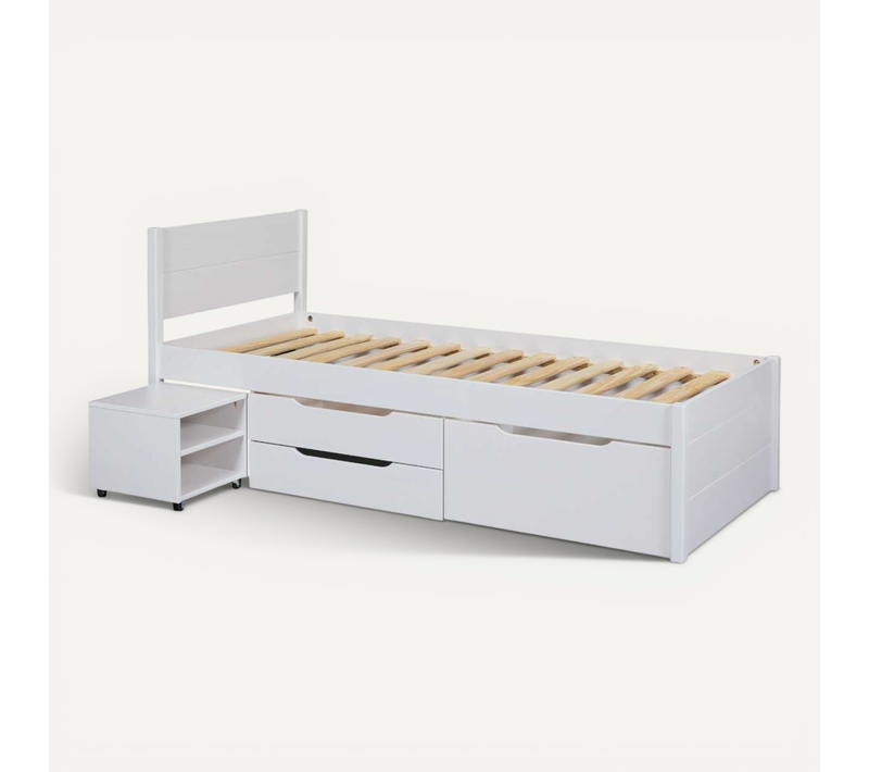 Lit 90x200cm Multi-rangement En Pin Massif Vernis Blanc - Efect