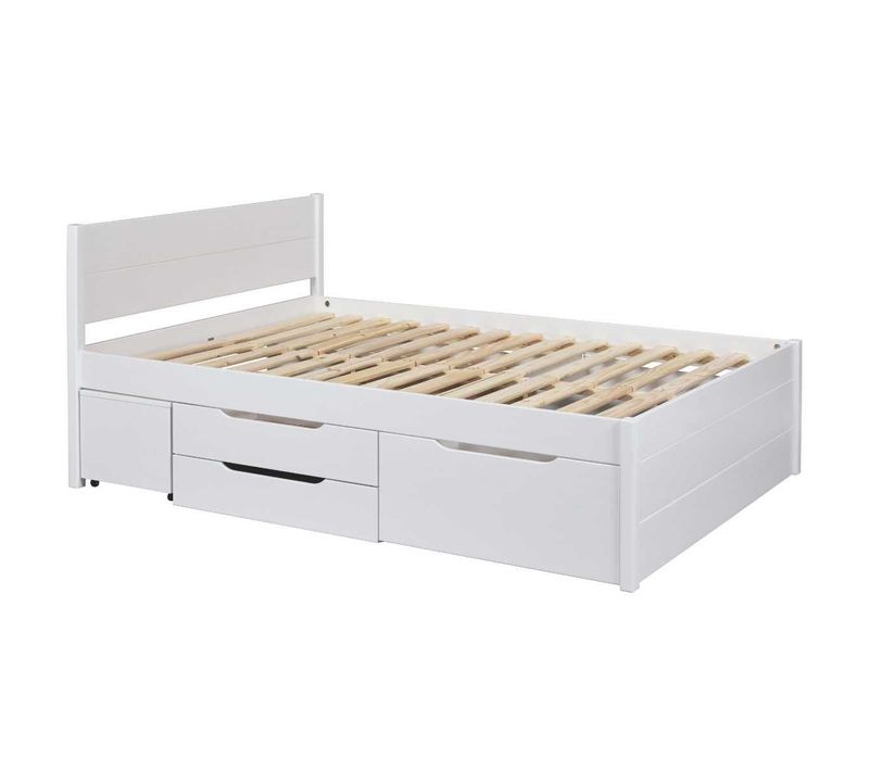 Lit 160x200cm Multi-rangement En Pin Massif Vernis Blanc - Efect