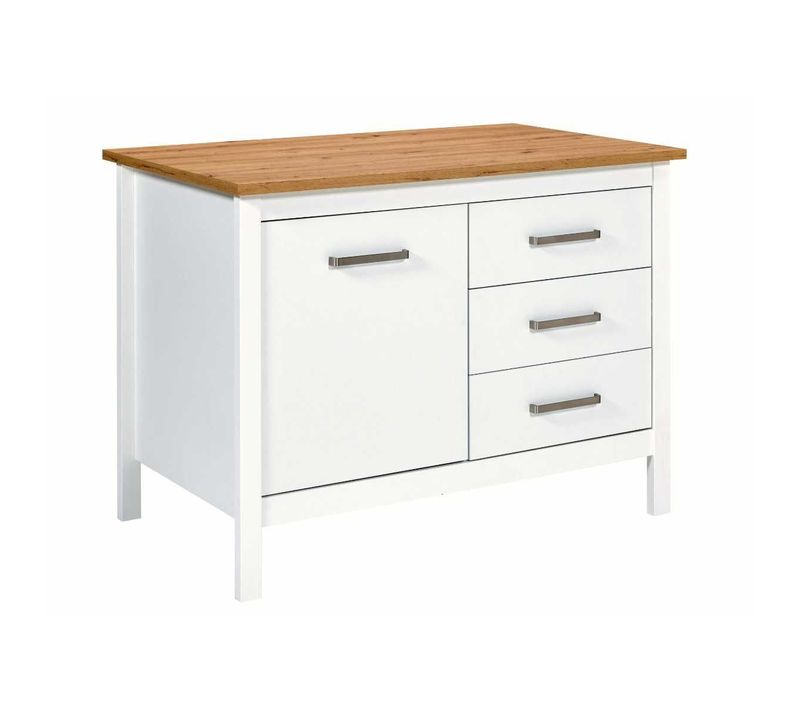 Ilot De Cuisine Blanc Et Plateau Effet Bois Avec Un Côté 1 Porte 3 Tiroirs Et 1 Côté 2 étagères - K
