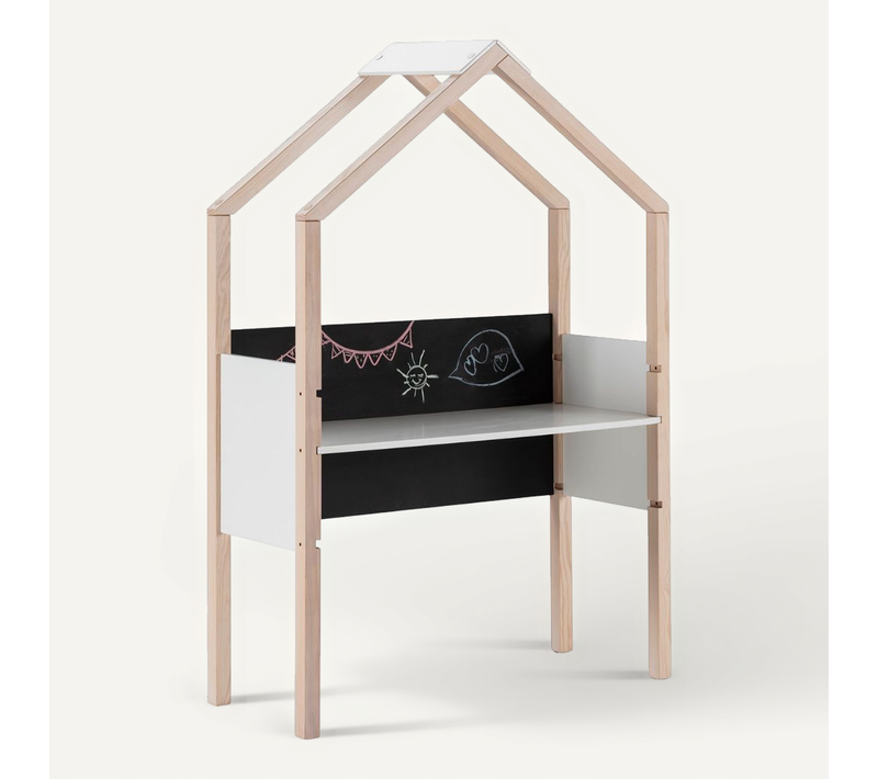 Bureau Forme Cabane En Pin Naturel Et Mdf Laqué Blanc Avec Plateau Hauteur Réglable Et Tableau Ardo