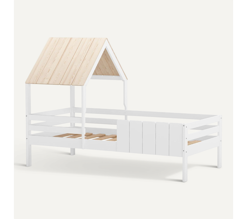 Lit à Barrières 90x190 Avec Tête De Lit Cabane En Mdf Laqué Blanc Et Pin Naturel - Nadia