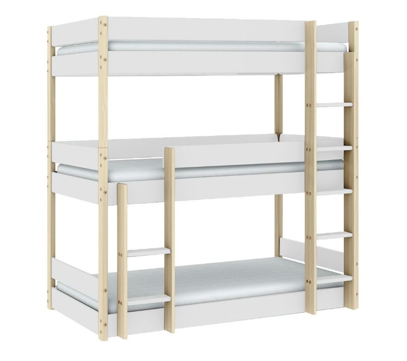 Lit Superposé 3 Couchages 90x190 En Mdf Laqué Blanc Et Pin Naturel - Somis