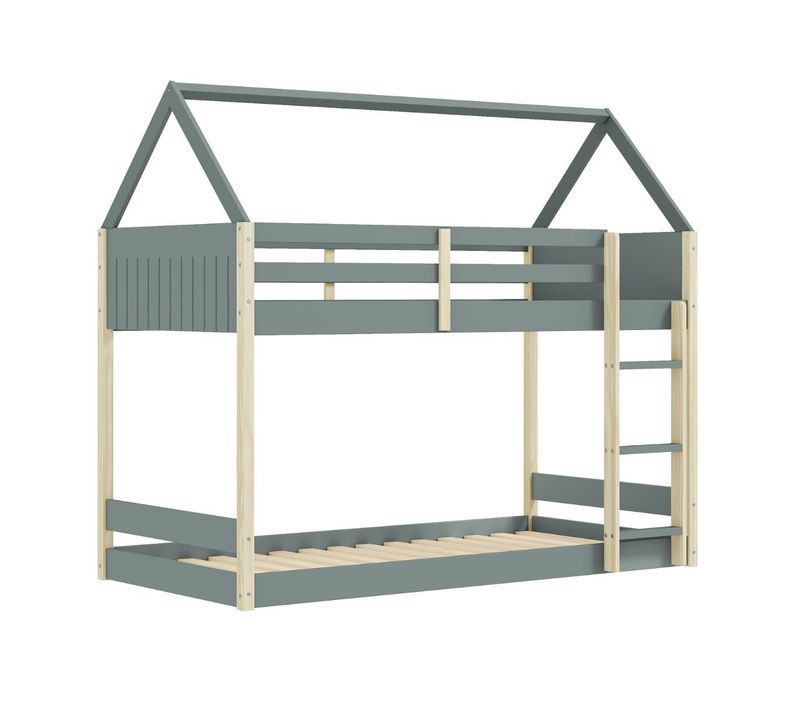 Lit Superposé Avec Premier Couchage Au Sol 90x190 En Mdf Laqué Vert Kaki Et Pin Naturel - Lilas