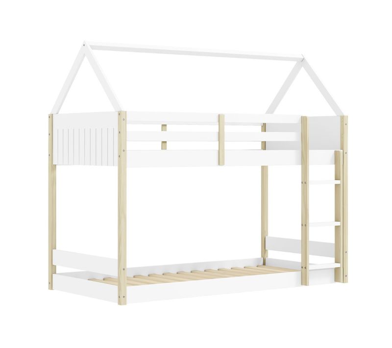 Lit Superposé Avec Premier Couchage Au Sol 90x190 En Mdf Laqué Blanc Et Pin Naturel - Lilas