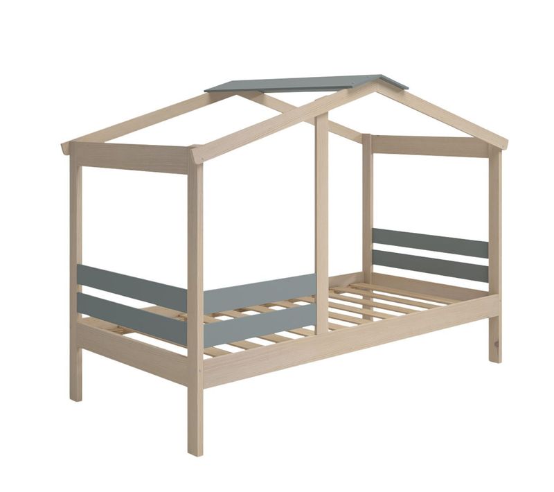 Lit Cabane 90x190 Avec Barrière En Pin Massif Naturel Et Mdf Laqué Vert Kaki - Messa
