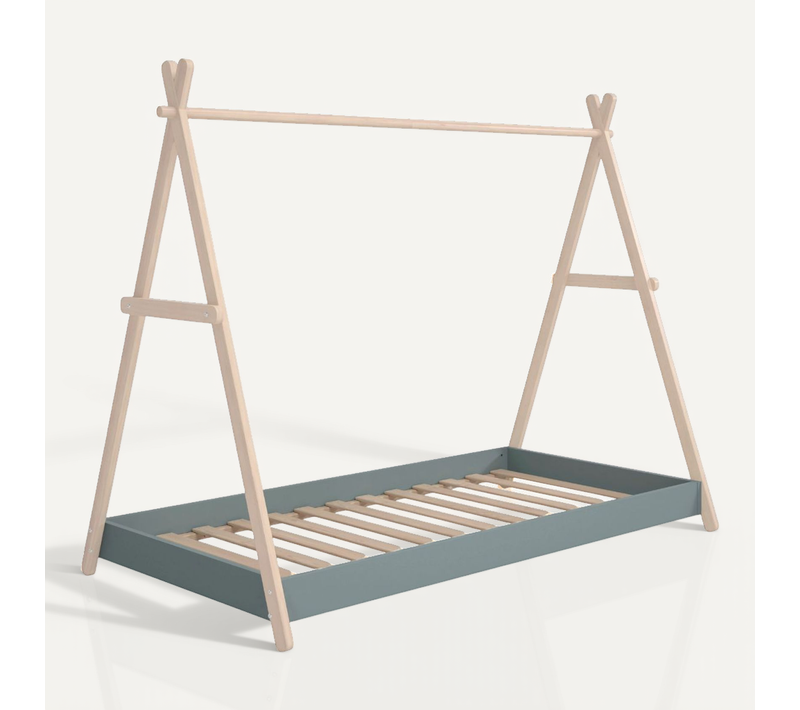 Lit Tipi 90x200cm Hauteur Réglable En Mdf Laqué Vert Kaki Et Pin Massif Naturel - Kanoa