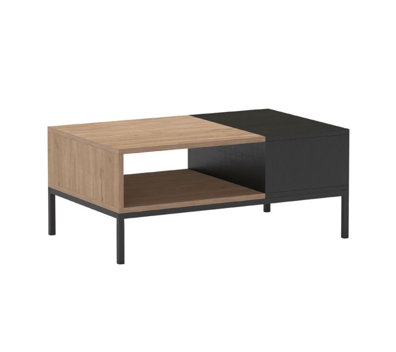 Table Basse En Mélaminé Imitation Bois Et Noir Piètement Métal Laqué Noir - Callas