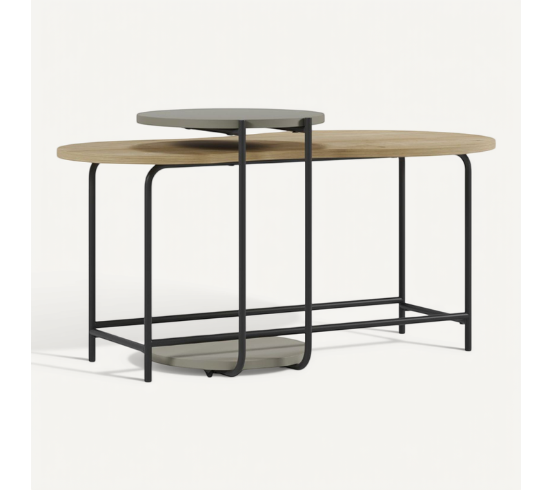 Tables Basses Gigogne 1 Ovale Plateau Imitation Bois Et 1 Ronde Plateau Vert Sauge Piètement Métal