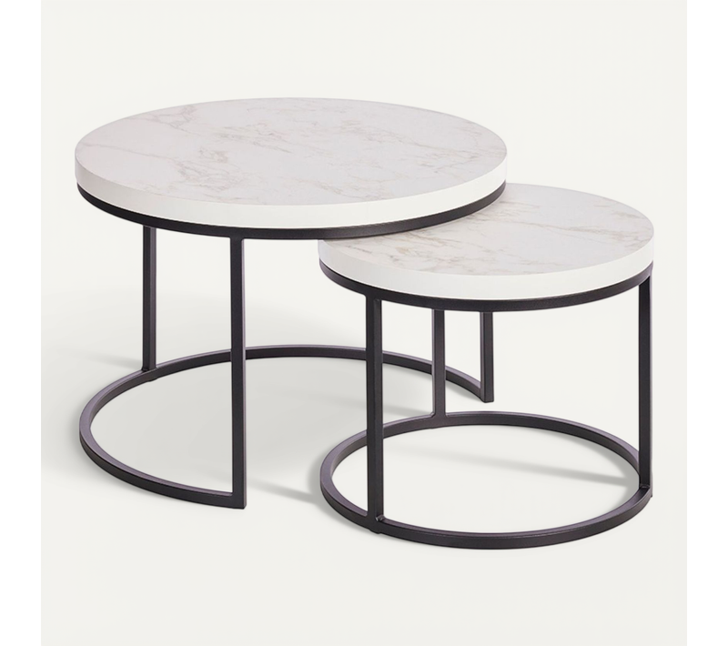Table Basse Gigogne Aspect Bois Finition Marbre Blanc Piètement Métal Noir - Marmol