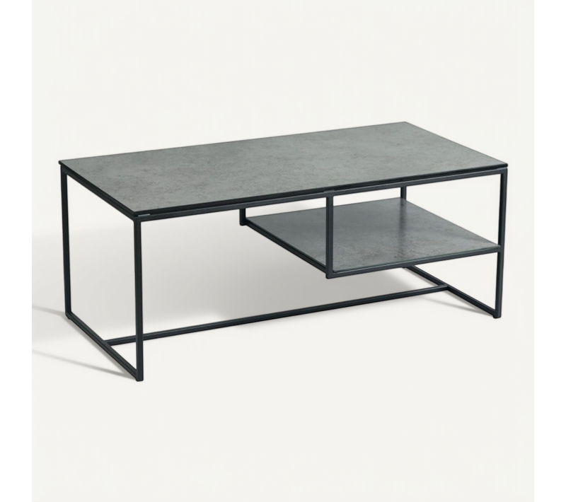 Table Basse En Acier Laqué Anthracite Avec Plateaux En Verre Finition Aspect Céramique - Strate