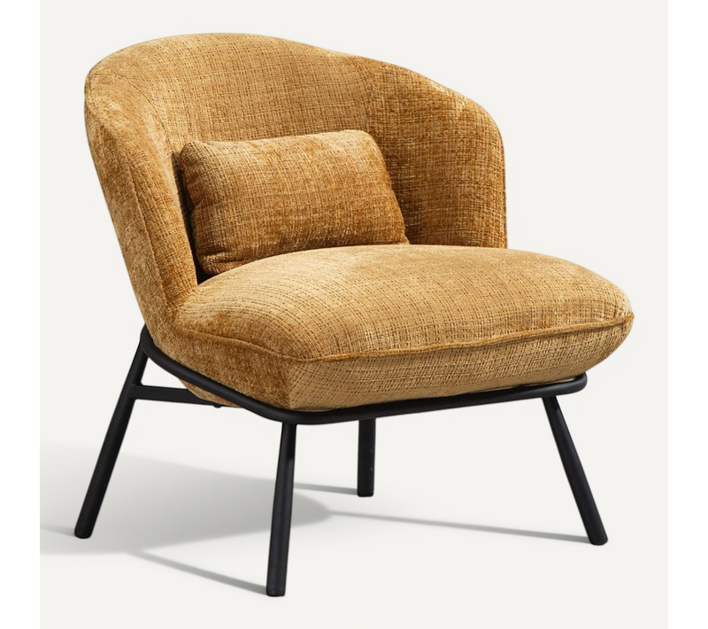 Fauteuil Lounge En Tissu Chenillé Jaune Moutarde Piètement Métal Noir - Gasby