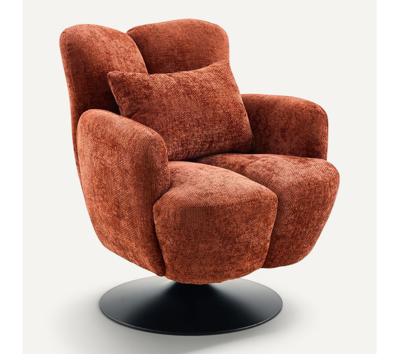 Fauteuil Lounge Pivotant Avec Accoudoir En Tissu Chenillé Terracotta Piètement Socle Métal Noir - G