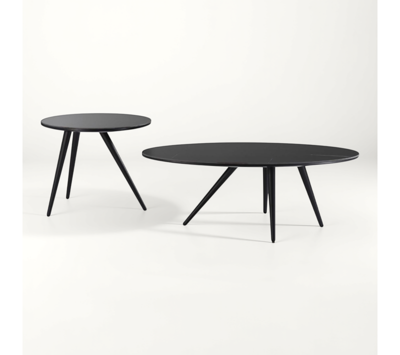 Lot De 2 Tables Basses Plateau Mdf Placage Céramique Noir Marbré Piètement Métal - Shadow